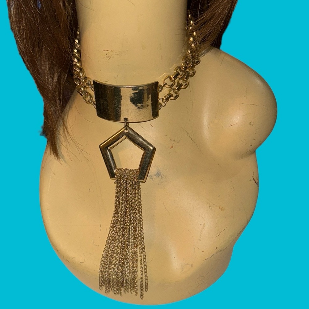DOUBLE GOLD CHAIN MODERN CHOKER WITH GOLD HANGING FRINGE